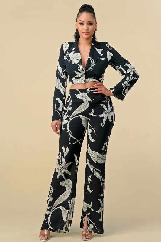 Long Sleeve Crop Blazer Print Pant Set Classic Flared Pants