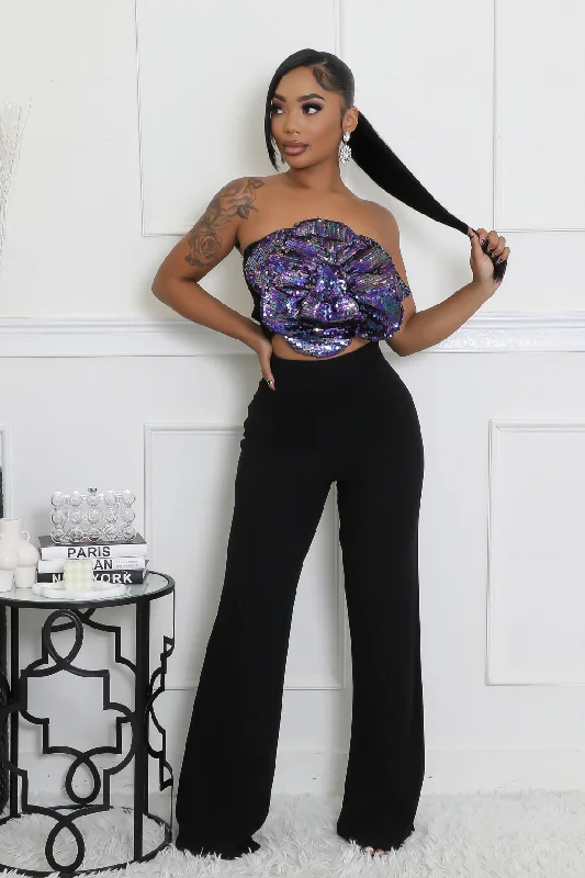 28029P - SEQUINS FLORAL TUBE TOP&PANTS SET Elegant Trouser Pants