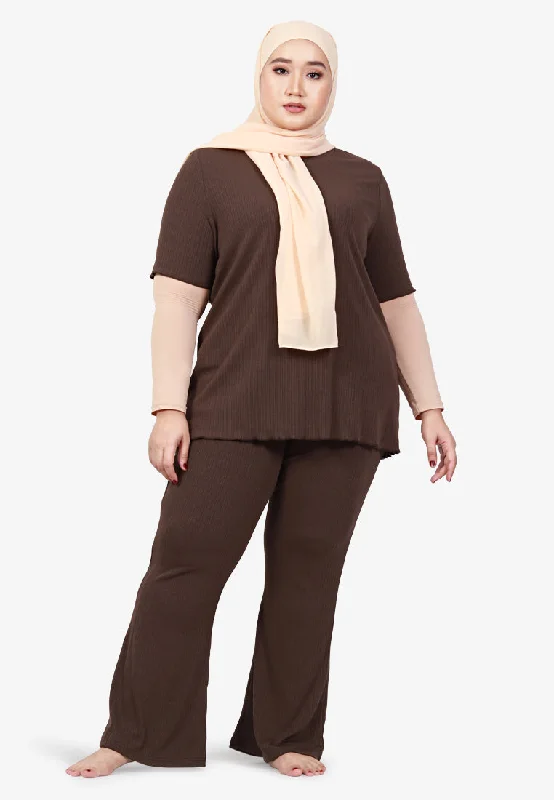 Tia Short Sleeve Ribbed Top - Brown