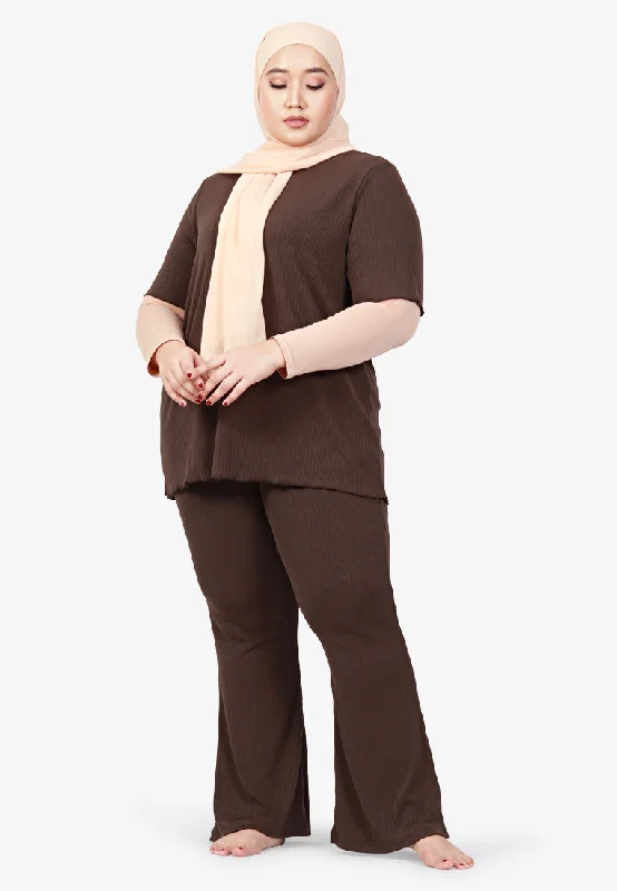 Tia Short Sleeve Ribbed Top - Brown