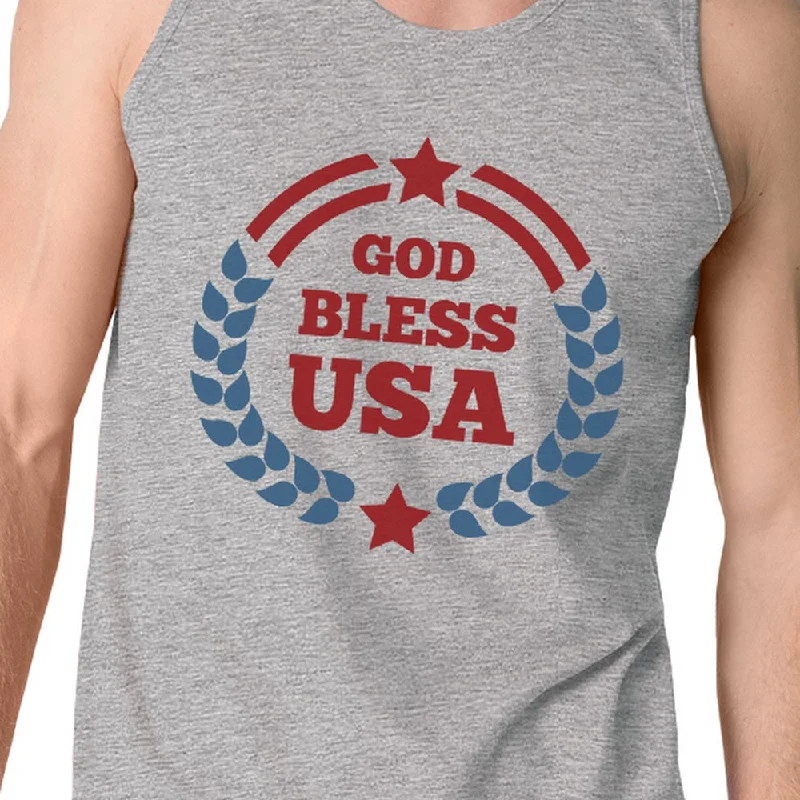 God Bless USA Mens Grey Cotton Tank Top Independence Day Gift Idea