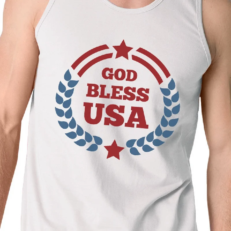 God Bless USA Mens White Cotton Tank Top Independence Day Gift Idea