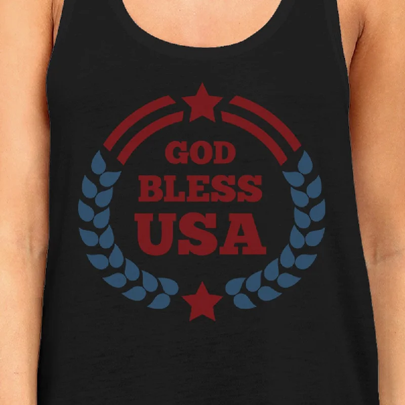 God Bless USA Womens Black Cotton Tank Top Independence Day Gifts