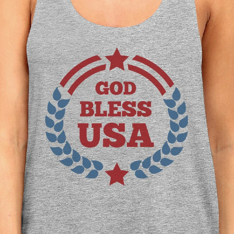 God Bless USA Womens Grey Cotton Tank Top Independence Day Gifts