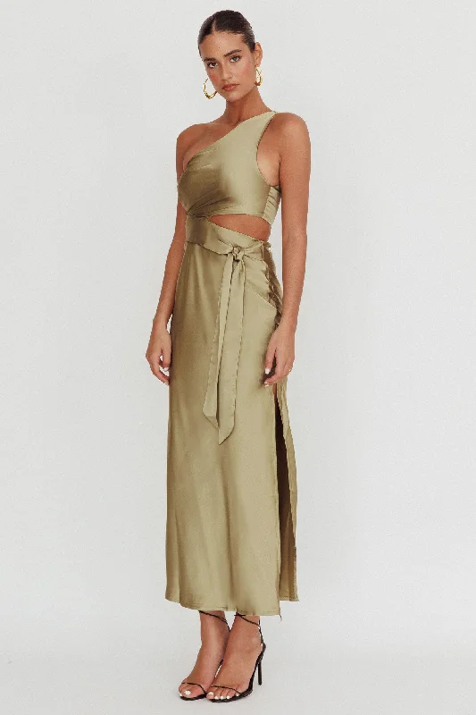 Abloom One Shoulder Satin Maxi Dress Khaki