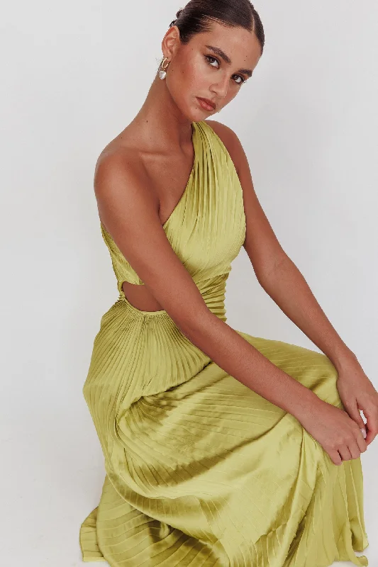 Amelie One-Shoulder Accordion Pleat Maxi Dress Lime