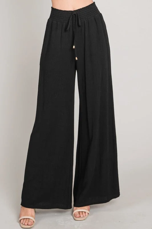 Anne Drawstring Linen Wide Leg Pants Black