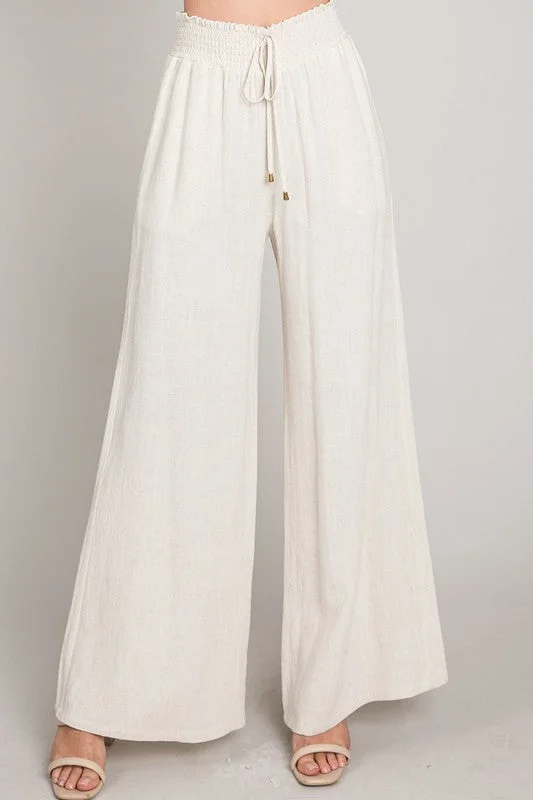 Anne Drawstring Linen Wide Leg Pants Nude