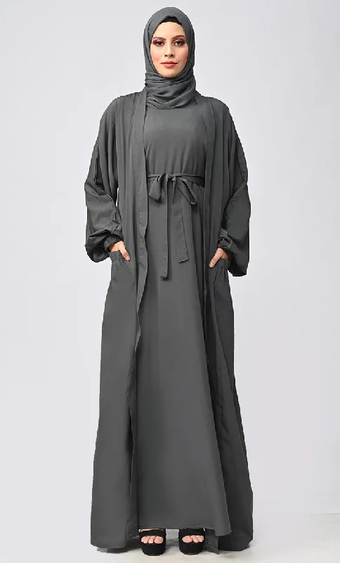 Grey Arabian Modest Abaya Shrug/Bisht Style With Inner And Belt