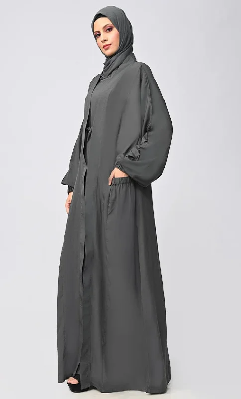 Grey Arabian Modest Abaya Shrug/Bisht Style With Inner And Belt