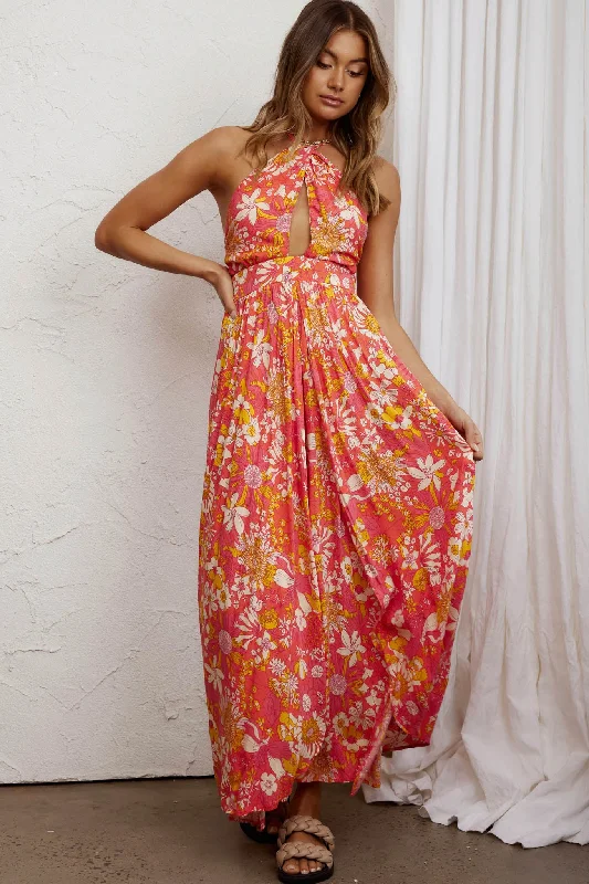 Athena High Split Maxi Dress Retro Floral Orange