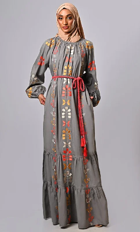 Burma Inspired Bohemian Machine-Embroidered Heavy Abaya with braided belt