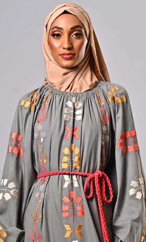 Burma Inspired Bohemian Machine-Embroidered Heavy Abaya with braided belt