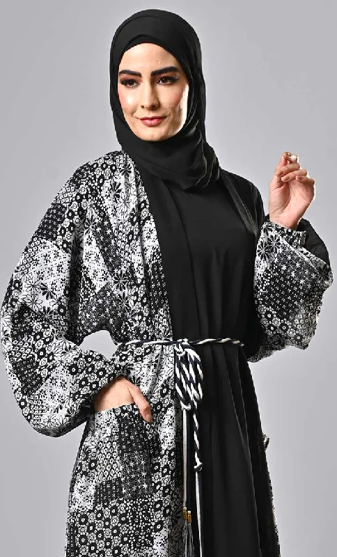 Islamic 2pc set printed shrug with inner with braided belt