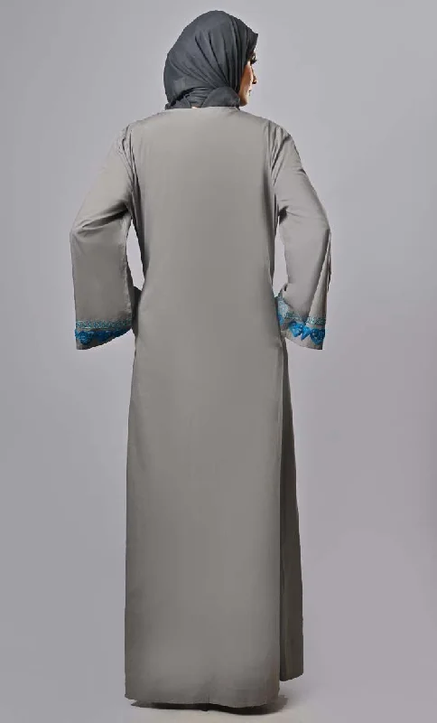 Designer Islamic Mughal Aari Work Detailing Abaya With Pockets