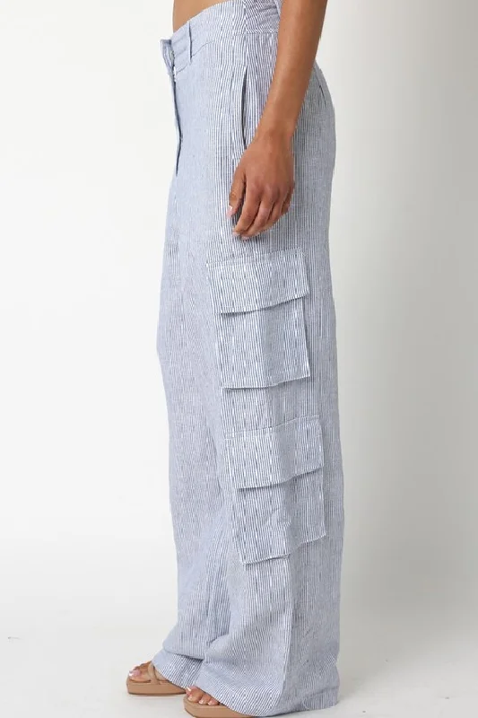 Elliott Stripe Print Wide Leg Linen Cargo Pants Blue