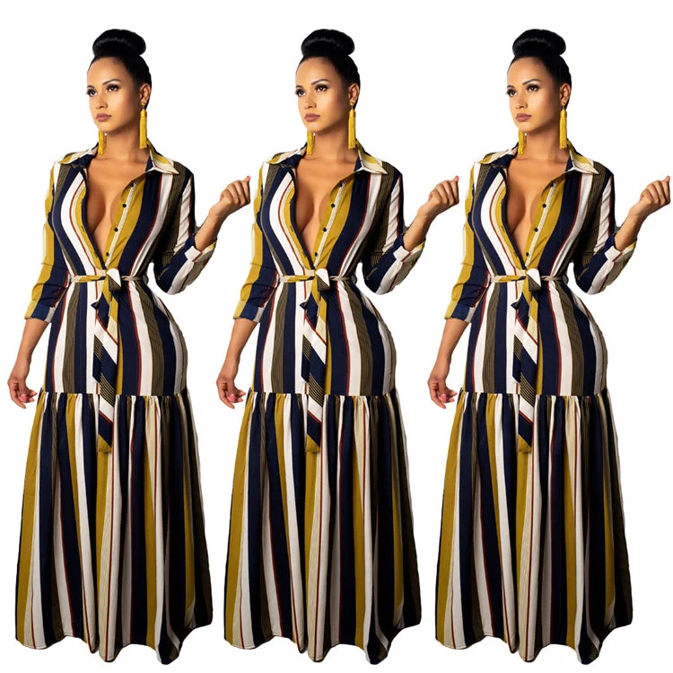 fashion stripe turn-down collar women long sleeve maxi dress bandage dresses 2020 New