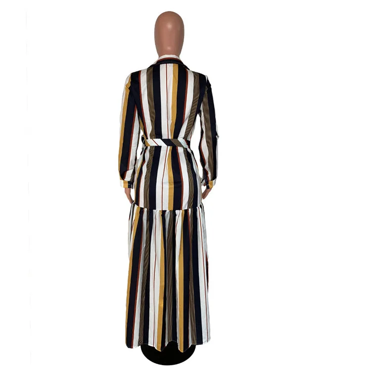 fashion stripe turn-down collar women long sleeve maxi dress bandage dresses 2020 New