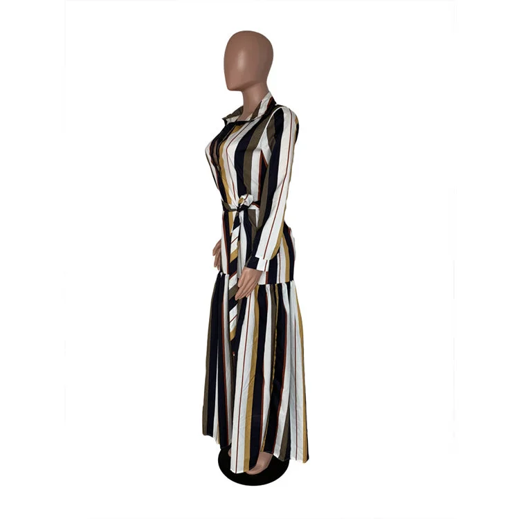 fashion stripe turn-down collar women long sleeve maxi dress bandage dresses 2020 New