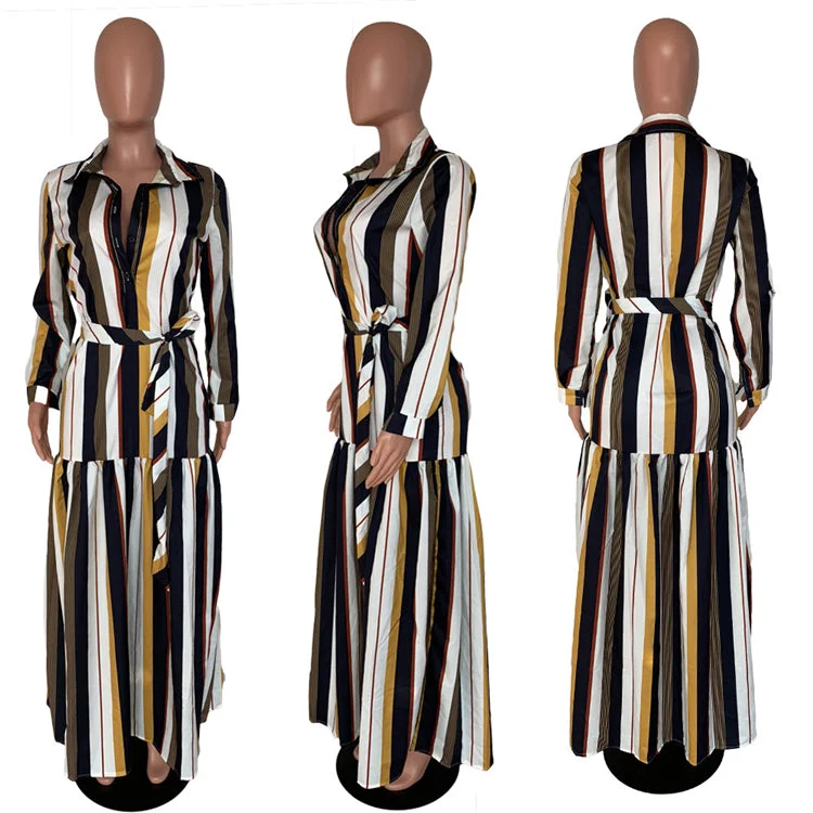 fashion stripe turn-down collar women long sleeve maxi dress bandage dresses 2020 New