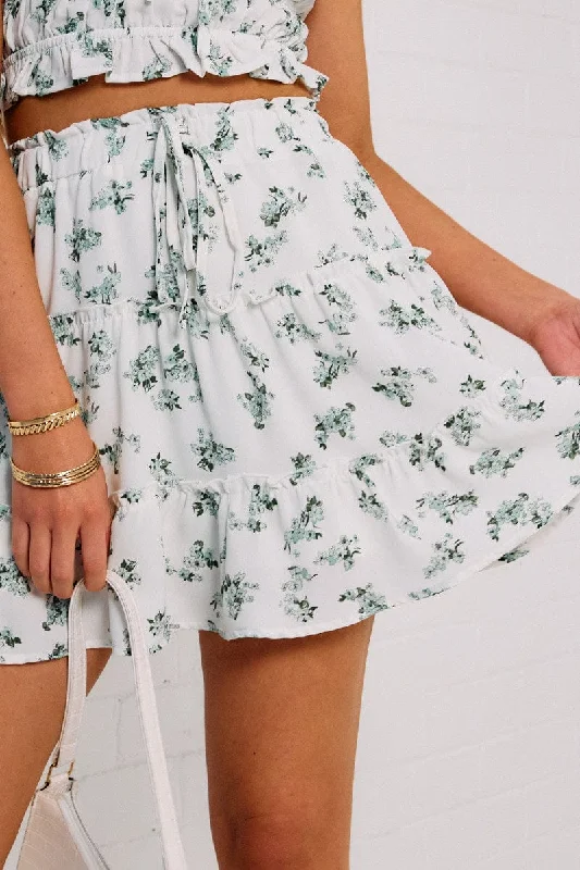 Green Floral Mini Skirt High Waisted Elastic Band Tiered Skater