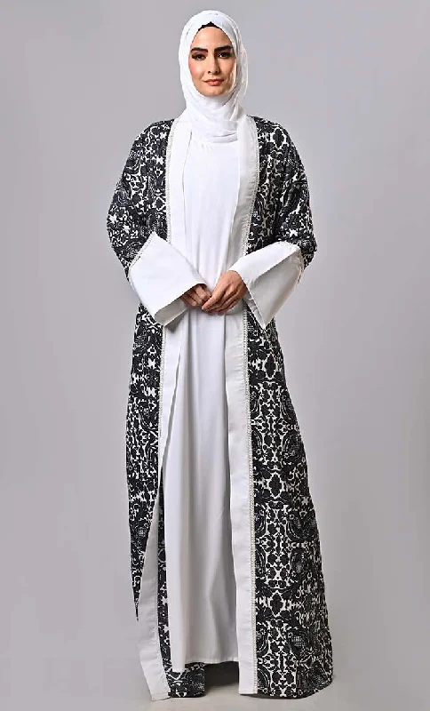 Islamic 2pc set printed lace intricate shrug with inner  and belt