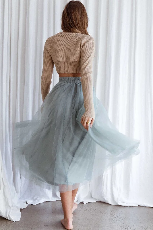 Jasmine Organza Mesh Elasticated Waist Midi Skirt Sage