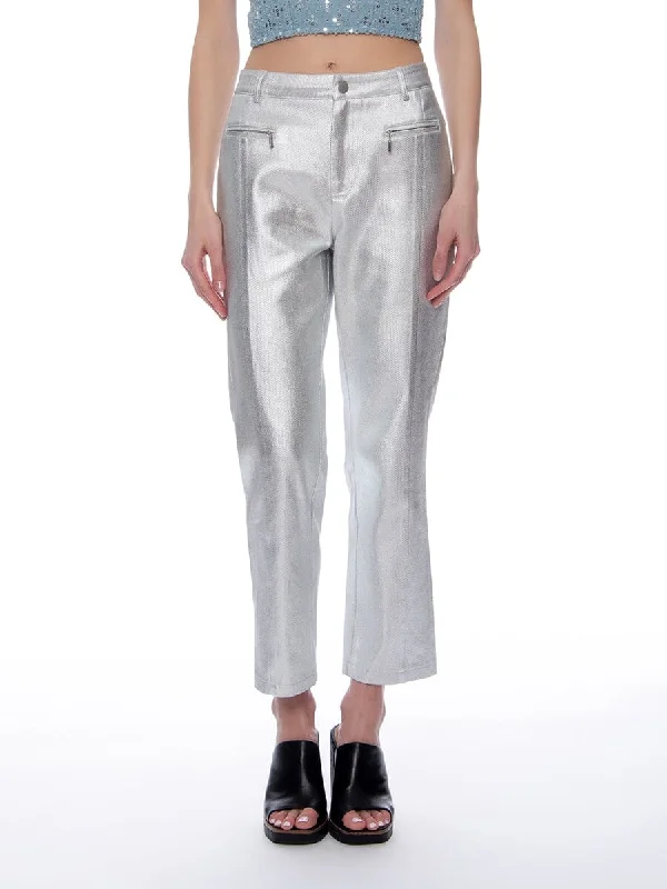 Metallic Pleather Zipper Pocket Ankle Length Pants