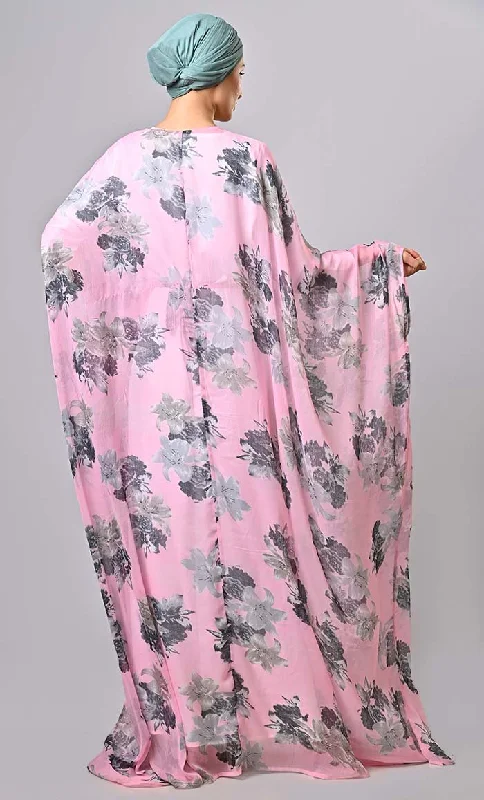 Modest pink floral printed kaftan abaya with lining and tassels