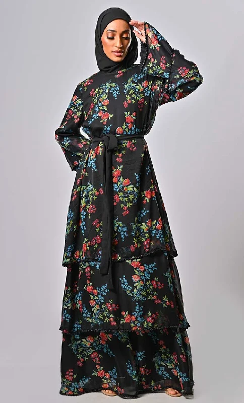 Modest tiered floral printed abaya with intricate lace beads on hem