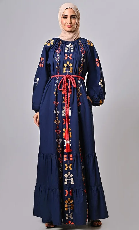 New Navy Bohemian Machine Embroidered Heavy Abaya