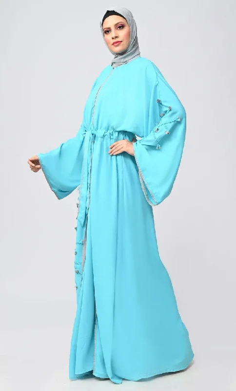 New Turquoise Flower Braided Detailing Islamic Abaya With Matching Inner And Belt