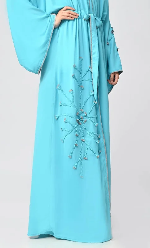 New Turquoise Flower Braided Detailing Islamic Abaya With Matching Inner And Belt