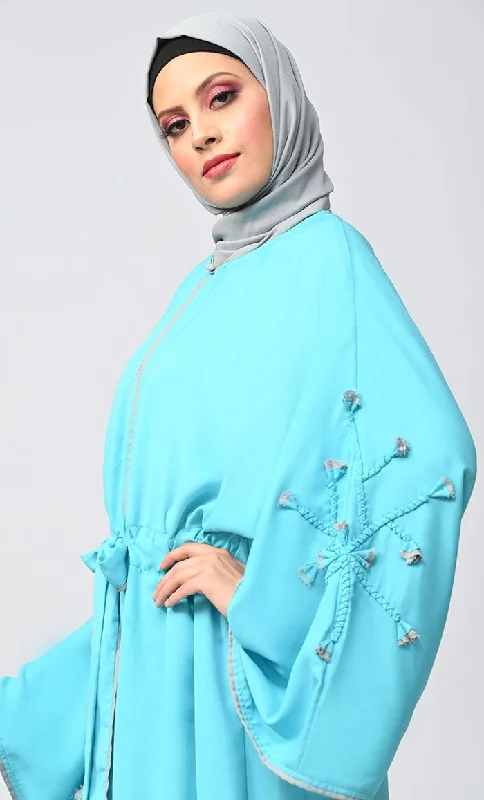 New Turquoise Flower Braided Detailing Islamic Abaya With Matching Inner And Belt