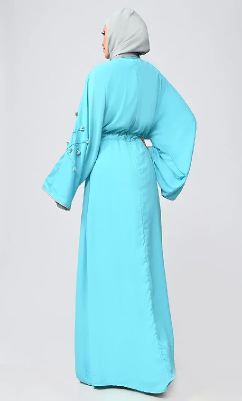 New Turquoise Flower Braided Detailing Islamic Abaya With Matching Inner And Belt