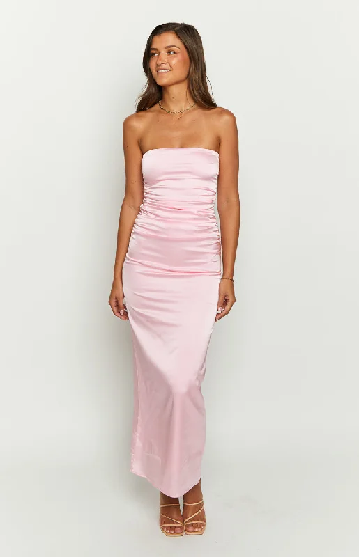 Pink Bloom Satin Strapless Maxi Dress