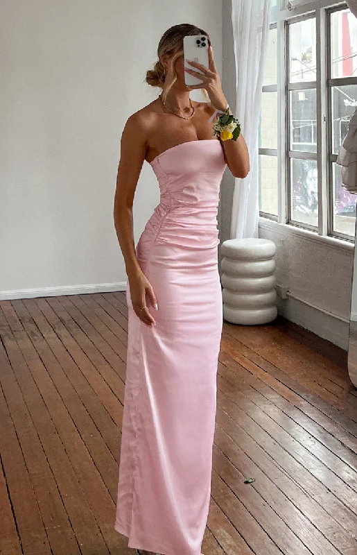 Pink Bloom Satin Strapless Maxi Dress