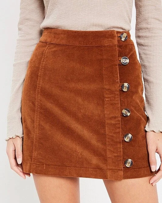 Side Button Up Corduroy Mini Skirt - Camel