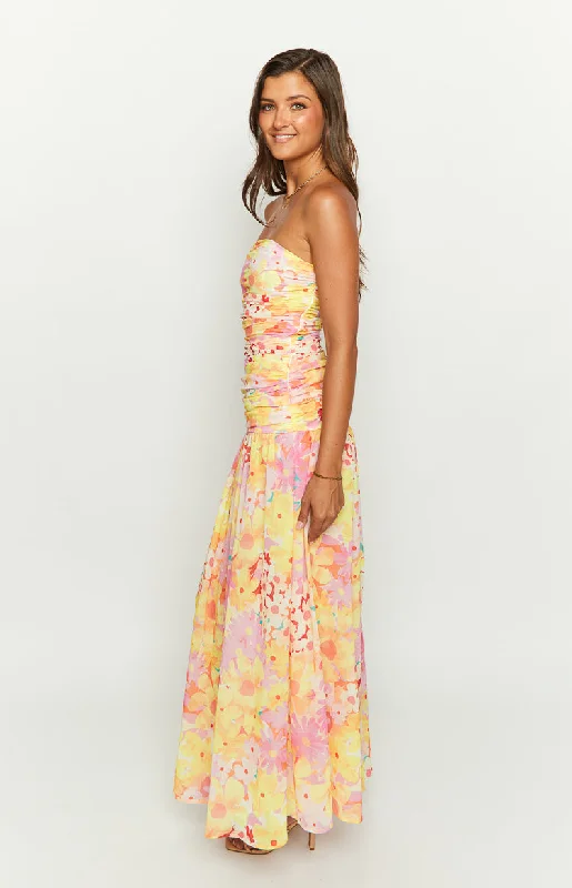 Sinclair Yellow Floral Print Strapless Maxi Dress