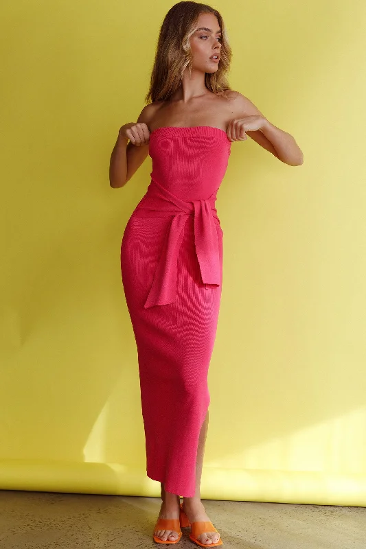 Told You So Strapless Waist Tie Knit Maxi Dress Hot Pink