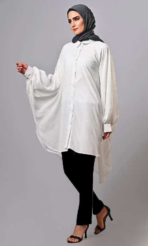 White Doby Texture Flare Button-Down Tunic