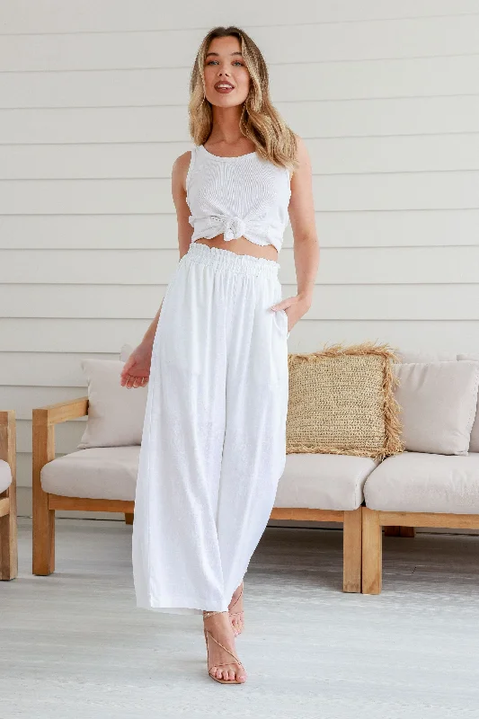 Wide Leg Pull on White Linen Pants with Side Pockets by Miracle