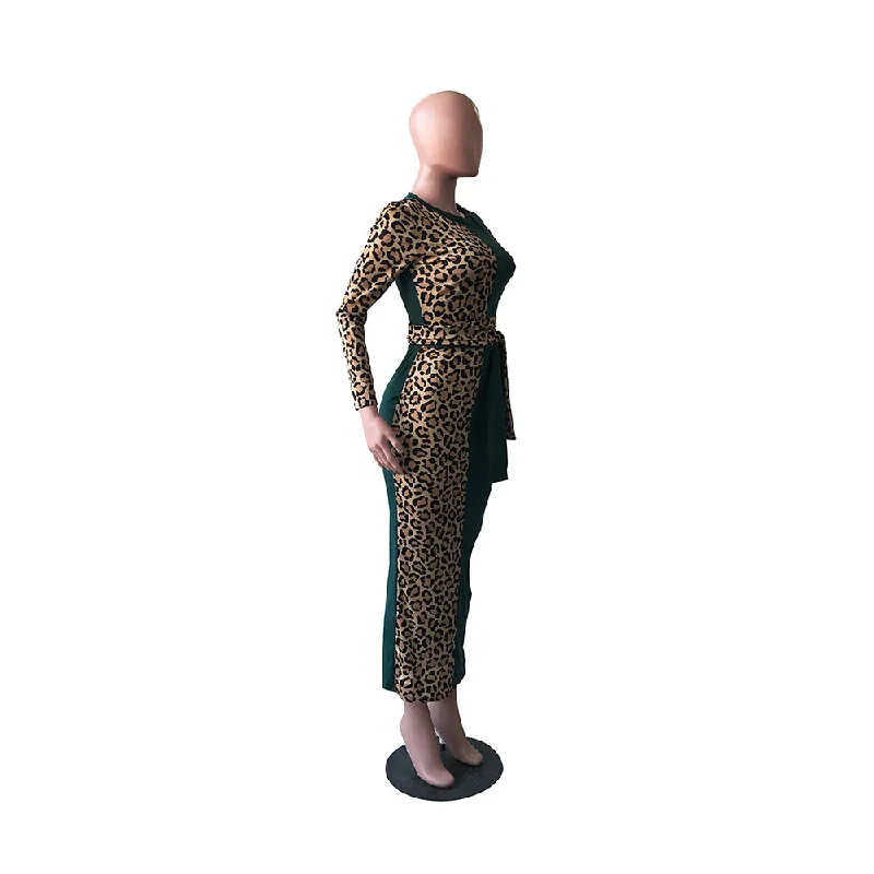 YG8060 - women modern leopard patch long sleeve bandage maxi dress