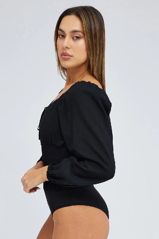 Black Bodysuit Long Sleeve Sweetheart Neck