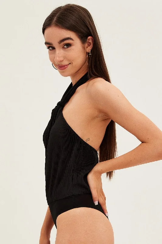 Black Plisse Bodysuit Twist Halter Sleeveless