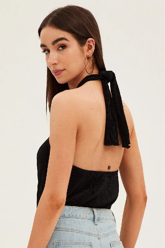 Black Plisse Bodysuit Twist Halter Sleeveless