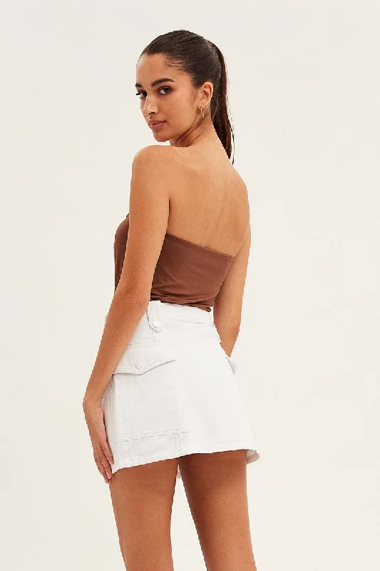 Brown Bodysuit Strapless Sweetheart Neckline Front Knot