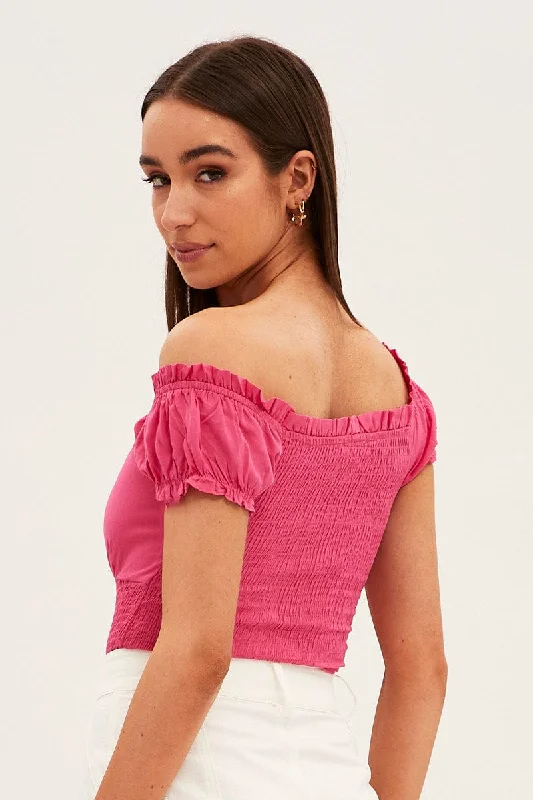 Pink Shirred Bardot Bodysuit Short Sleeve Off Shoulder