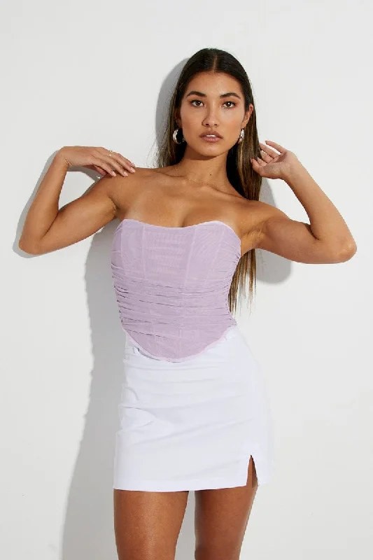 Purple Ruched Corset Strapless Mesh