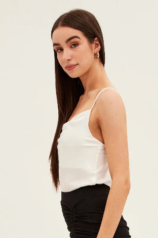 White Bodysuit Cami Sleeveless Cowl Neck Satin